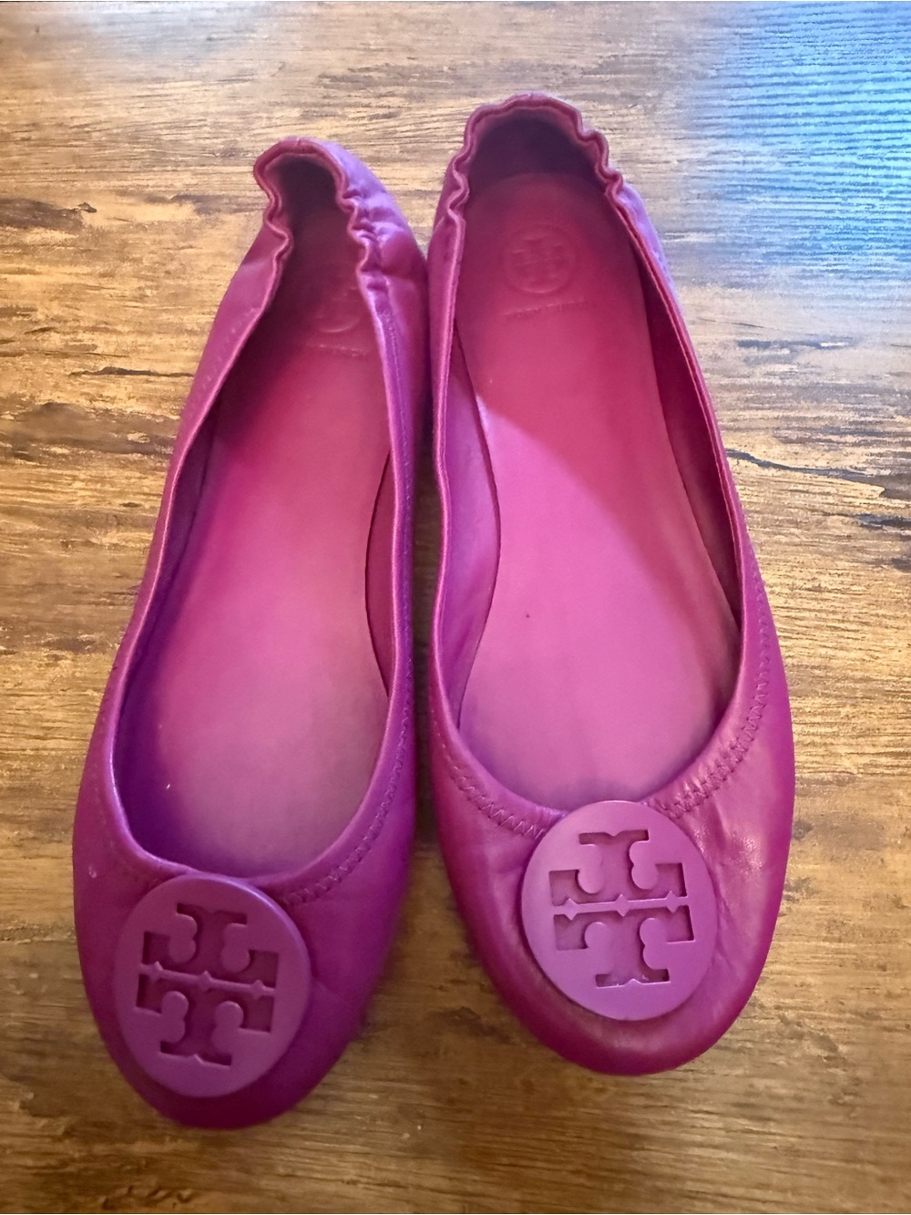 Authentic Tory Burch Pink Leather Logo Ballet Flats